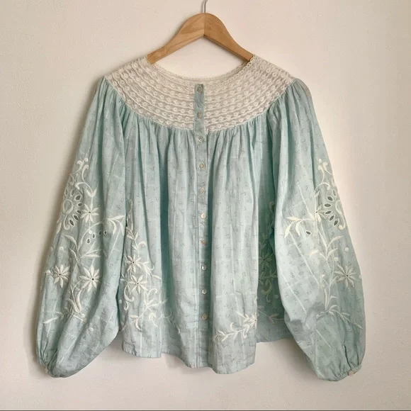 LoveShackFancy Light Blue Puff Sleeve Blouse - Picture 9 of 13